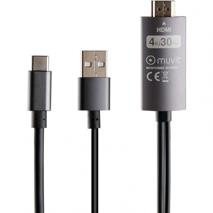 Muvit Cable USB-C a HDMI Macho con USB de Carga 2m Gris/Negro