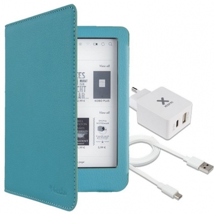 Gecko Funda Luxe Azul para Kobo Clara+Xtorm Adaptador de Corriente USB+USB-C+Xtorm Cable Plan...