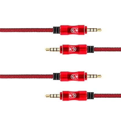 Cable Auxiliar Jack Audio Stereo Macho 3.5mm 4 Polos (Micrfono + Auriculares) en Nylon [2x1M] EVOMIND para Smartphone, automvil, Auriculares, Tableta, Ordenador, Cadena Hi-Fi, y Otros - 2x1M Roja