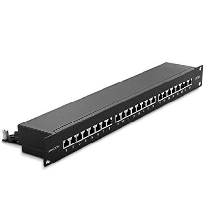 deleyCON CAT6a Patch Panel El Panel de Correccin 24 Puertos Escritorio 19' Pulgadas el Montaje en Rack Ensamblaje del Servidor 24x RJ45 Blindado TIA568A TIA568B - Negro